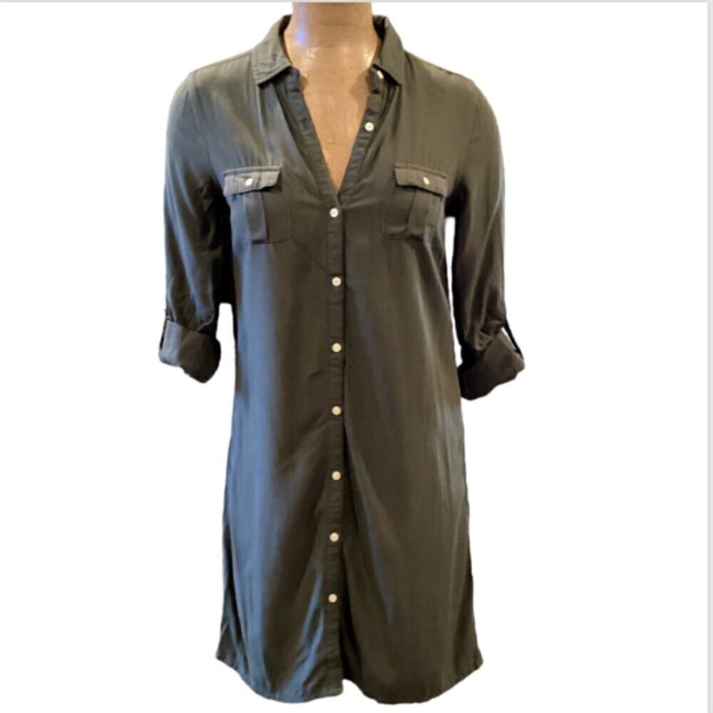 Old Navy Shirt Dress Pockets Roll Tab Sleeves Army Khaki Green Sz S #187J - Picture 2 of 8